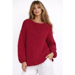 NRK by Anarkh Porter Hand Knit Chunky Sweater Red Boat Neck Lagenlook S